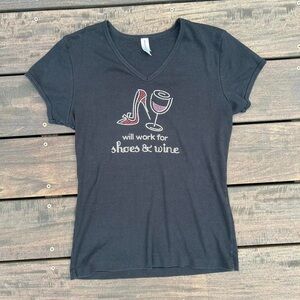 Black Chris’s Stuff Will Work For Shoes & Wine Bedazzled Graphic V-Neck T-Shirt
